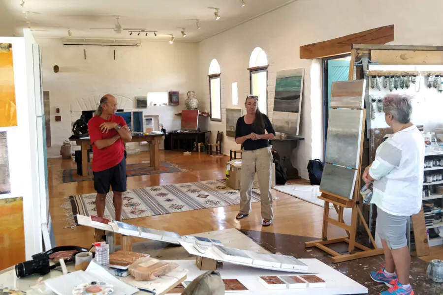 Gabriella Lewenz, Waiheke Island painter, with visitors at her studio