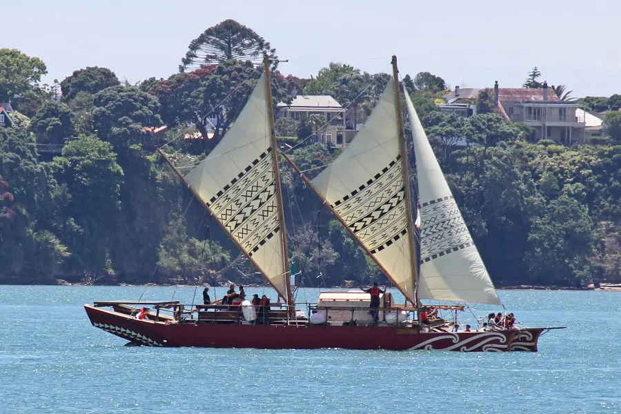 Traditional polynesian catamaran on Auckland Harbour